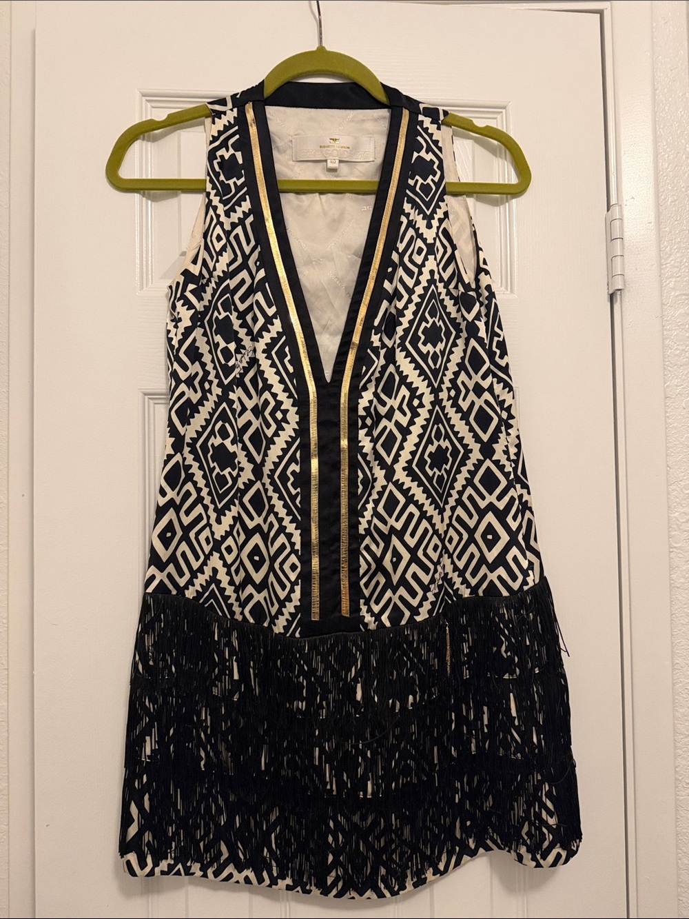 Franchi Elizabeth Black & White Geometric Fringe Dress, Silk , Size S